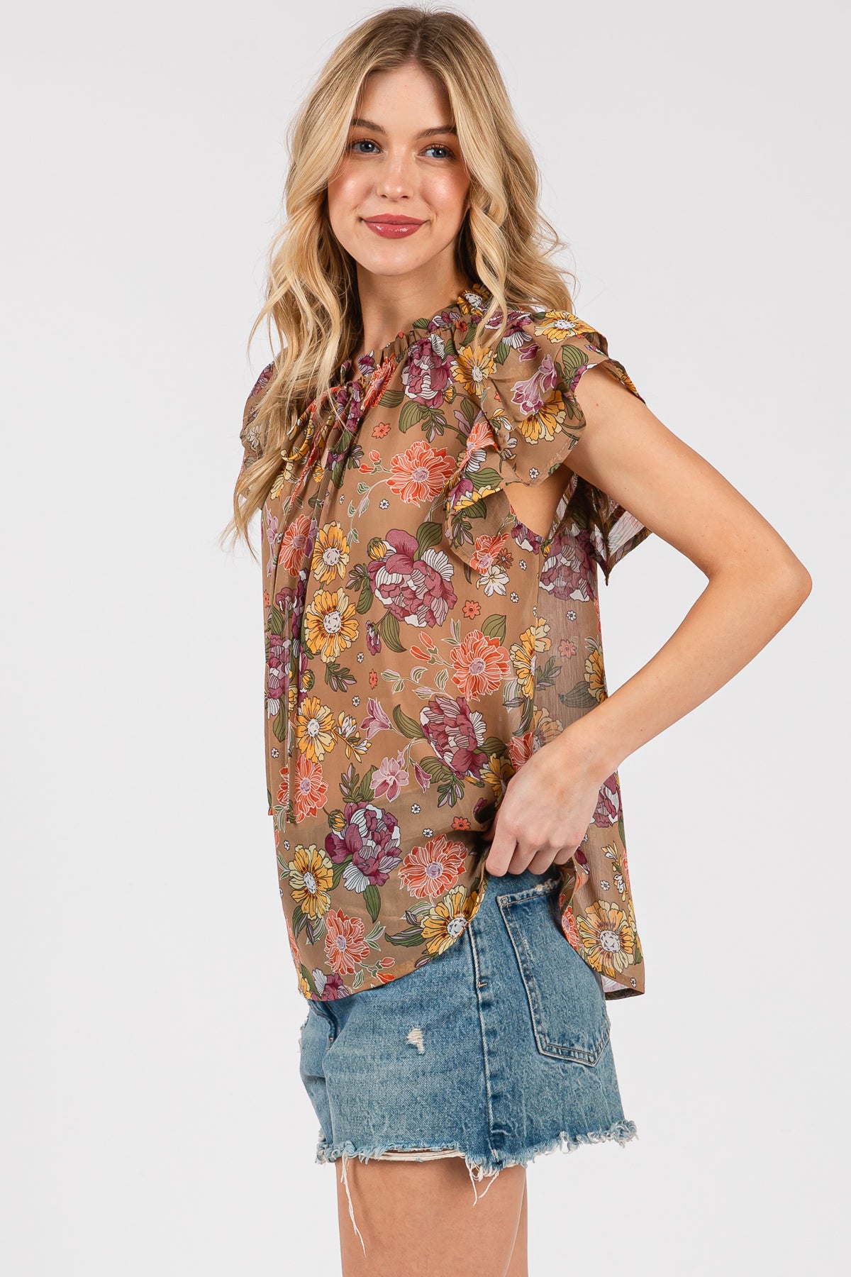 Ruffle Sleeve Floral Chiffon Blouse
