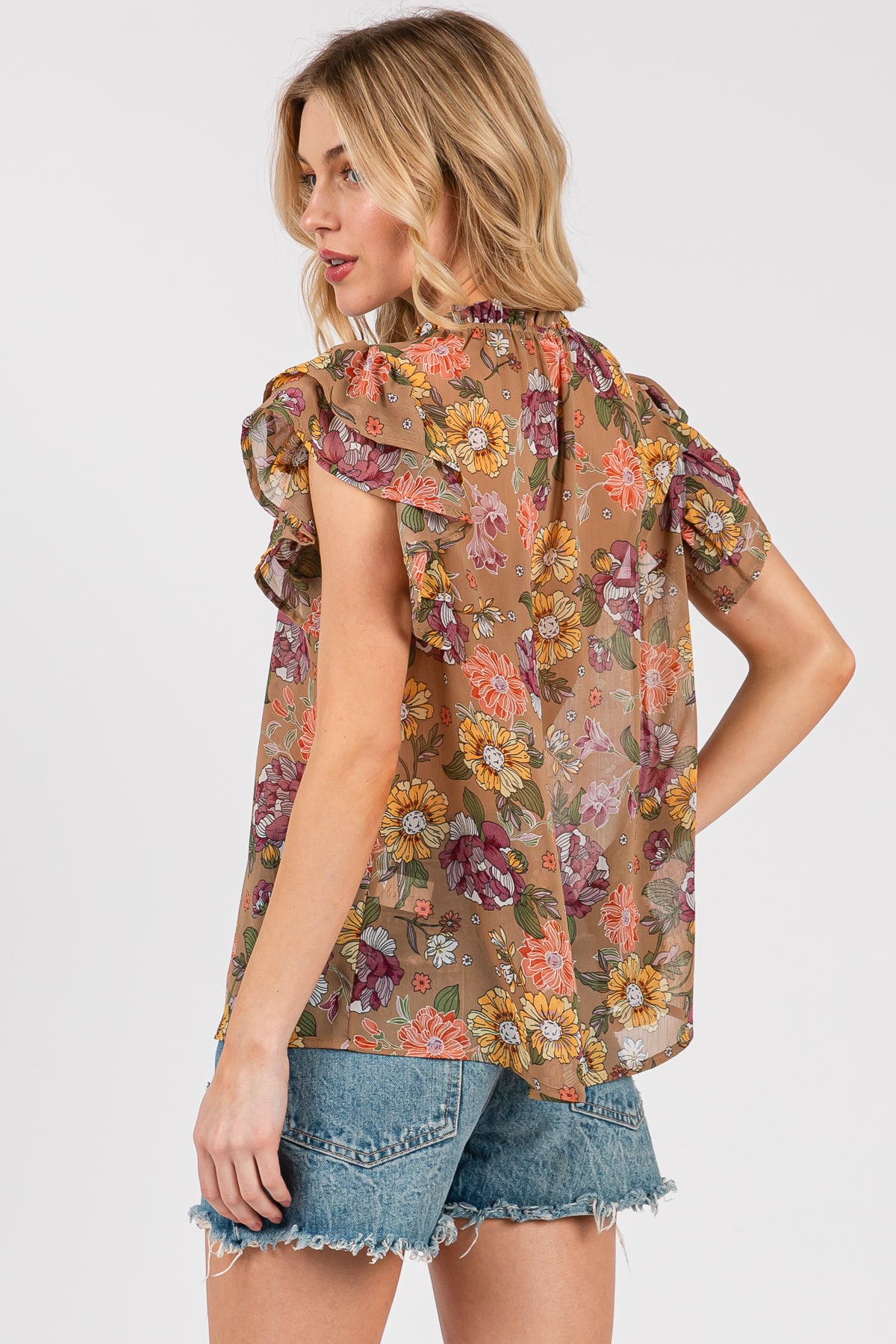 Ruffle Sleeve Floral Chiffon Blouse