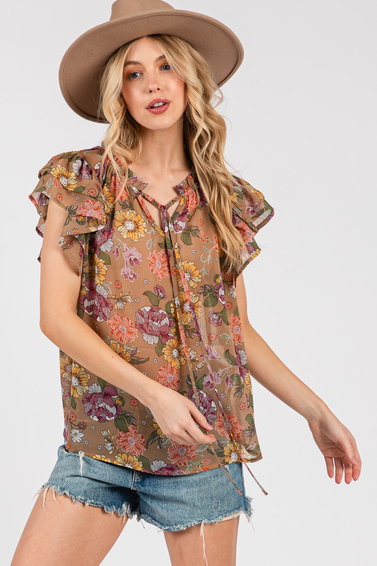 Ruffle Sleeve Floral Chiffon Blouse