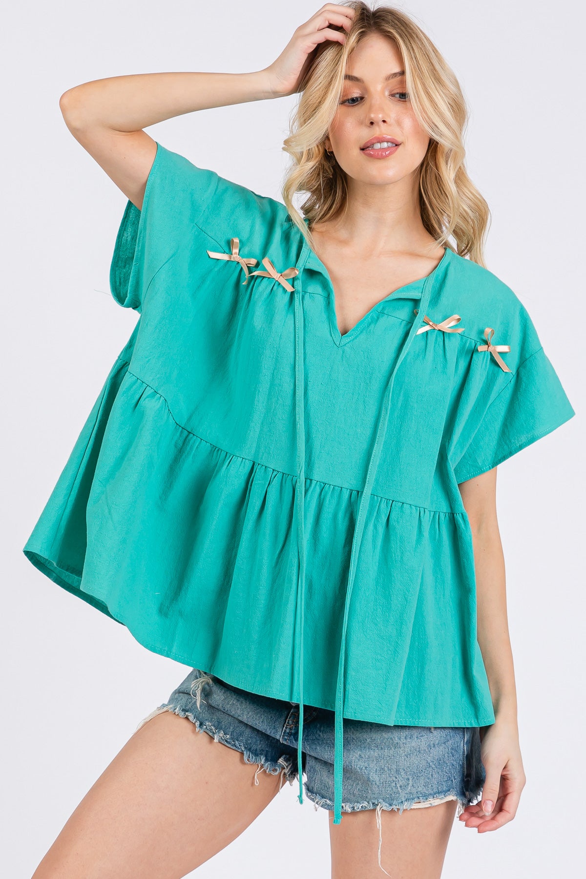 Ribbon Detail Flared Peplum Top