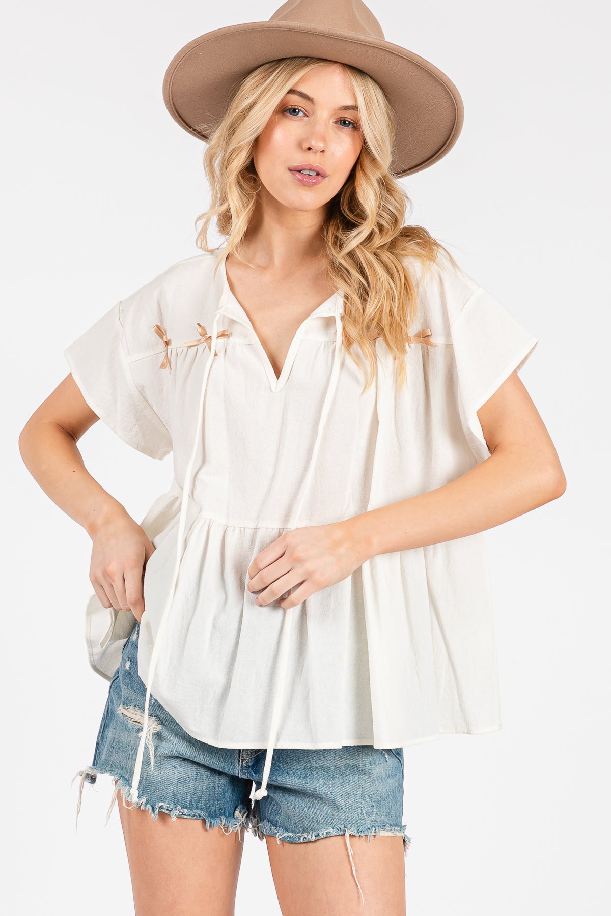 Ribbon Detail Flared Peplum Top