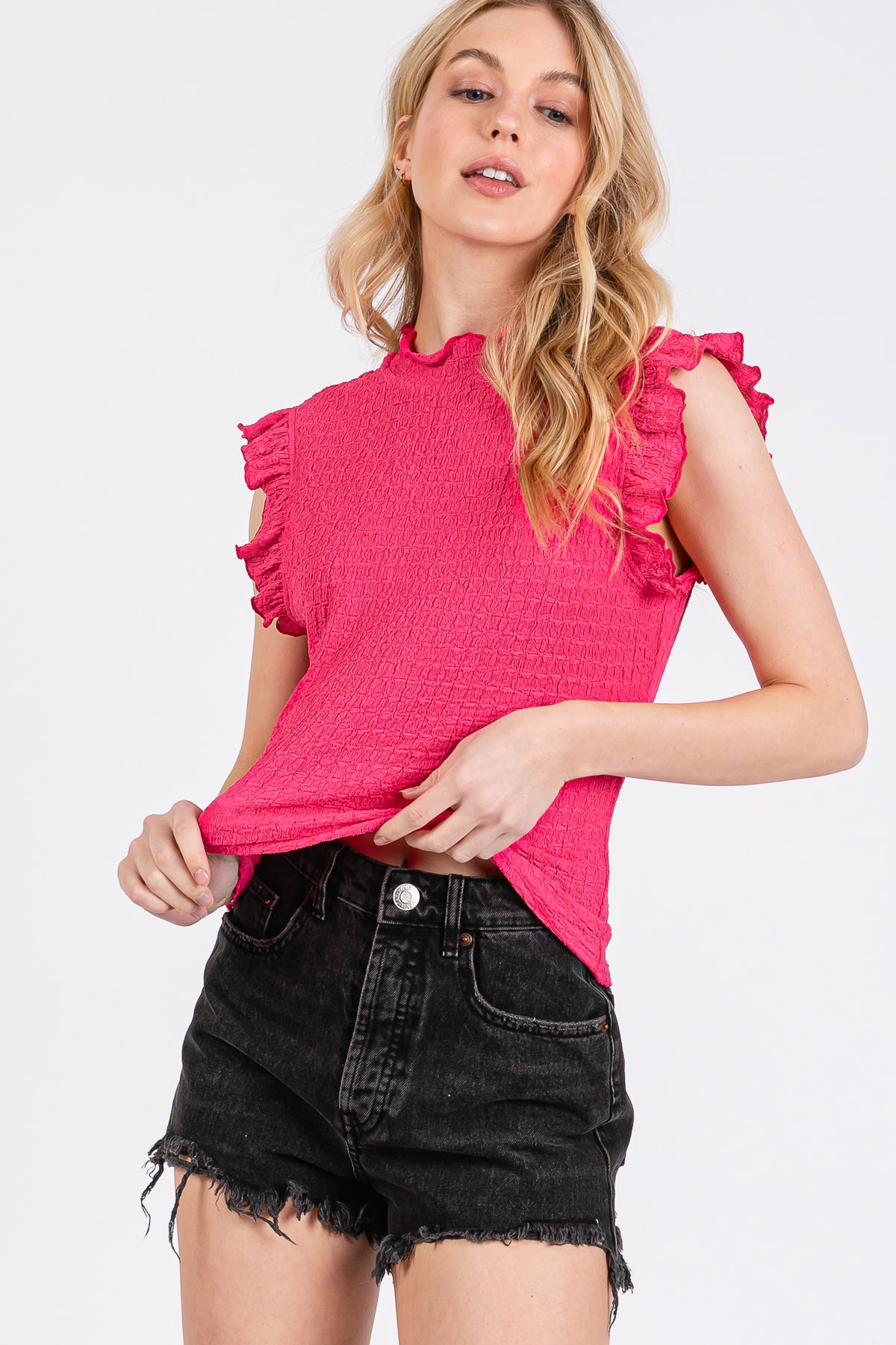 Smocked Ruffle Sleeve High Neck Top
