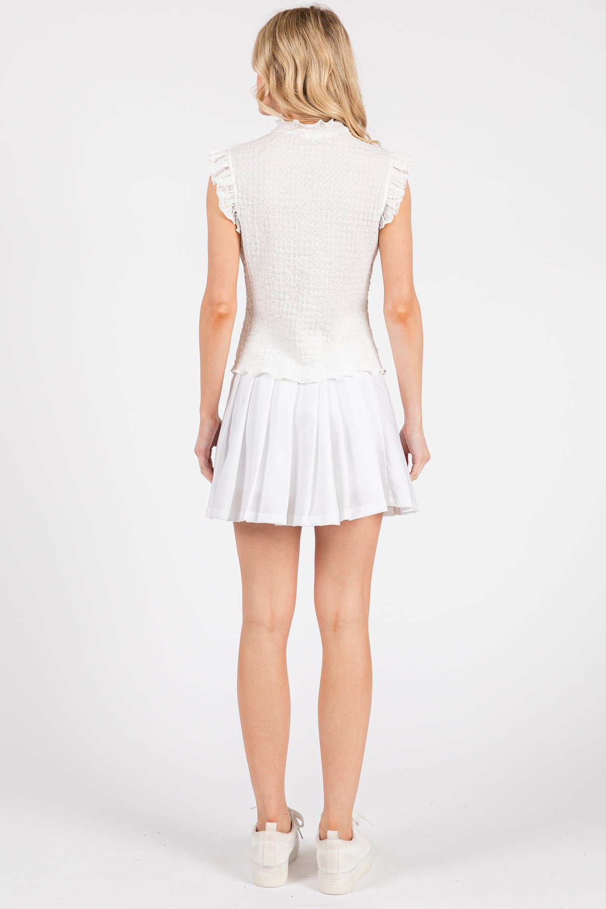 Smocked Ruffle Sleeve High Neck Top