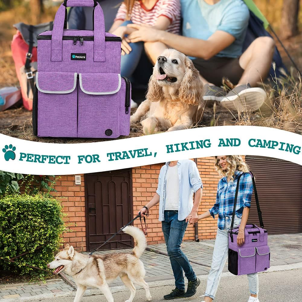 Petami Dog Travel Bag Pet Supplies Accessories Organizer for Traveling, Camping, Weekend; Cat Pet Travel Bag Kit Includes 2 Food Storage Containers, 2 Collapsible Bowls, 1 Feeding Mat (Purple)