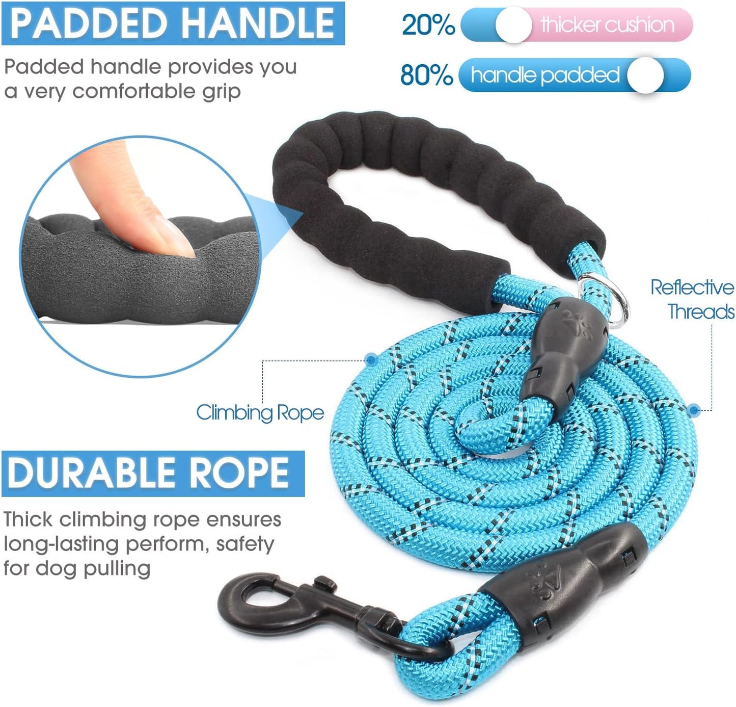 2-Pack Reflective Dog Leashes – 5/6 FT with Padded Handle (Blue & Pink)