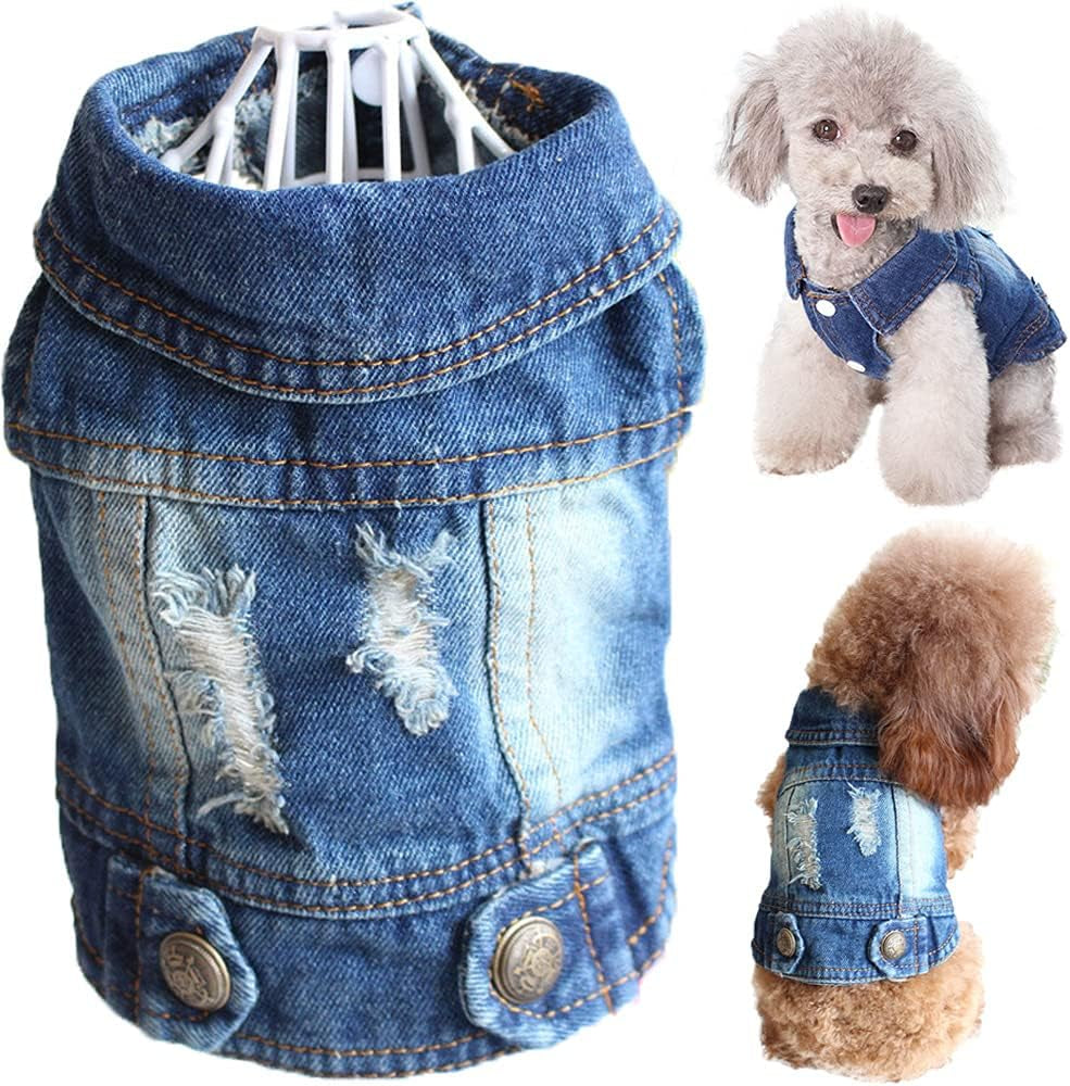 Dog Jean Jacket, Blue Puppy Denim Clothes, Lapel Vests Vintage Pet Coat Apparel, Cool Classic Cowboy Dog Shirts Outfits Costume for Small Medium Large Boy Girl Baby Doggy and Cats (S,Blue)