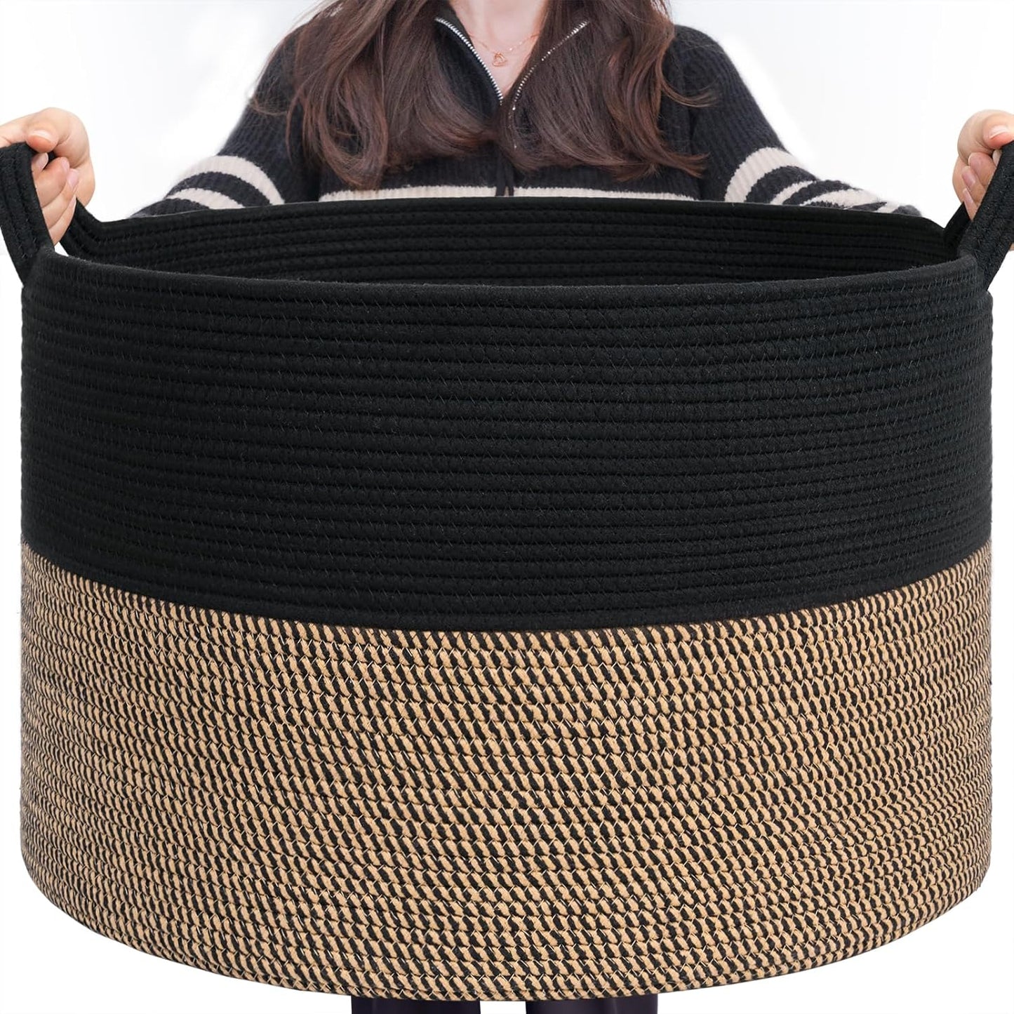 INDRESSME Xxxlarge Jute Rope Basket 21.7" X 21.7" X 13.8" Woven Baby Laundry Baskets for Blankets Toys Storage Basket with Handle Comforter Cushions Storage Bins Thread Laundry Hamper
