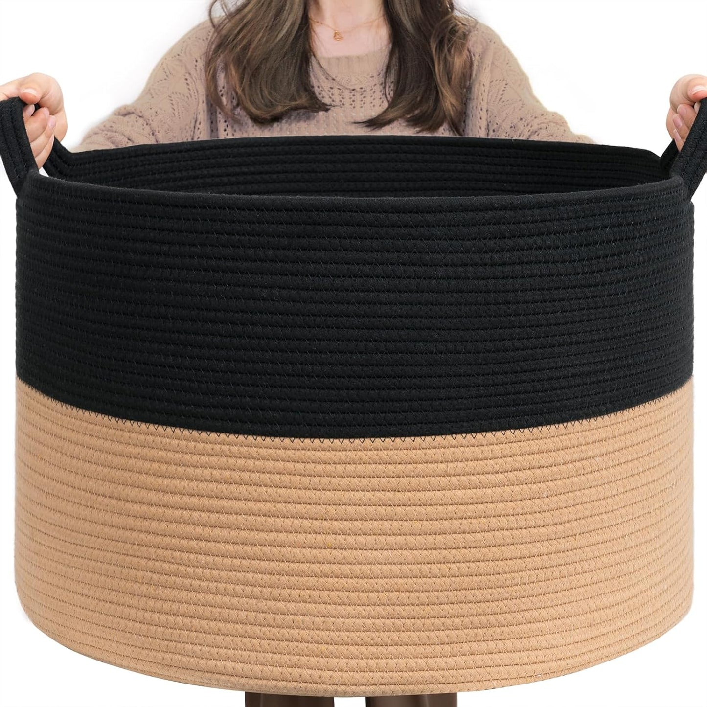 INDRESSME Xxxlarge Jute Rope Basket 21.7" X 21.7" X 13.8" Woven Baby Laundry Baskets for Blankets Toys Storage Basket with Handle Comforter Cushions Storage Bins Thread Laundry Hamper