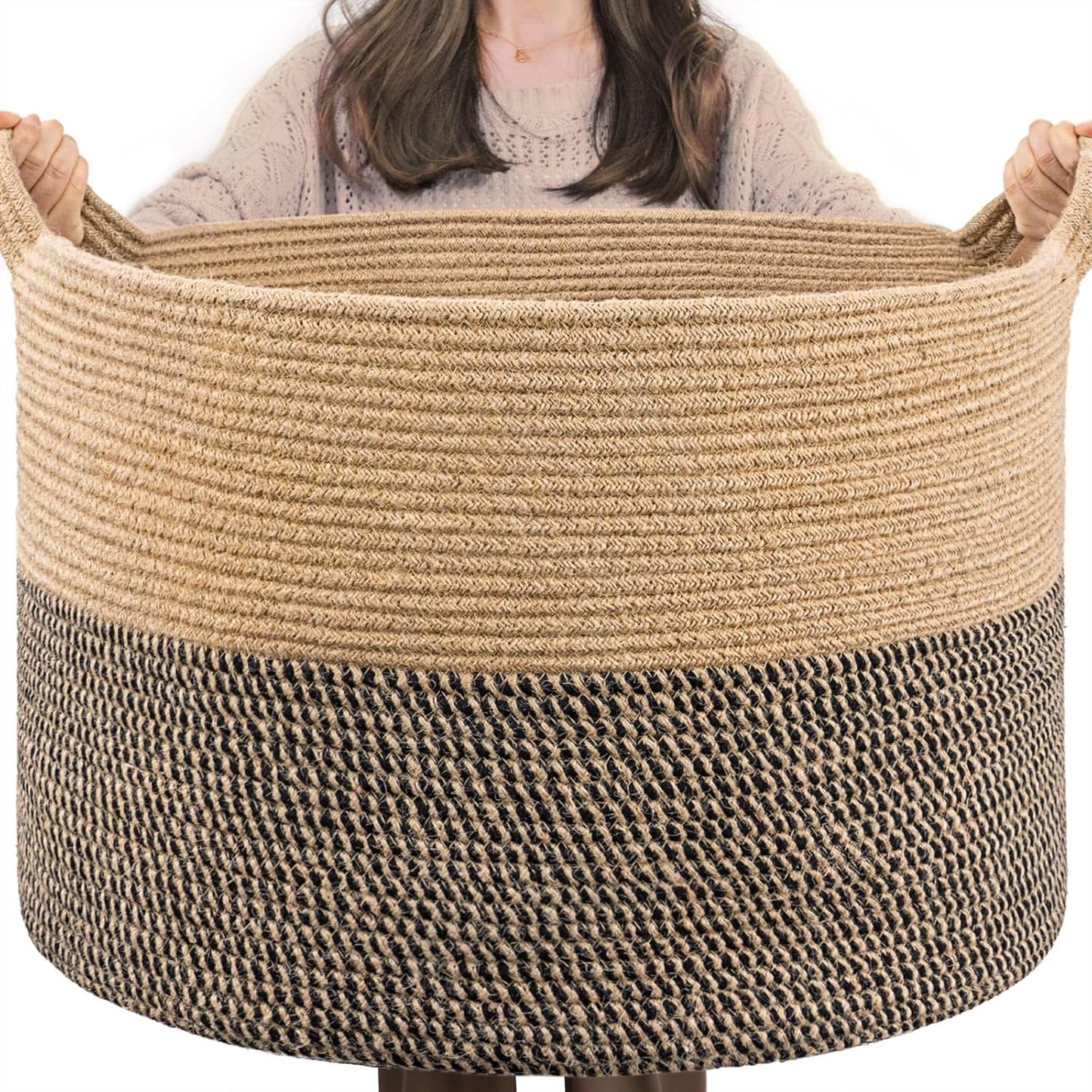 INDRESSME Xxxlarge Jute Rope Basket 21.7" X 21.7" X 13.8" Woven Baby Laundry Baskets for Blankets Toys Storage Basket with Handle Comforter Cushions Storage Bins Thread Laundry Hamper