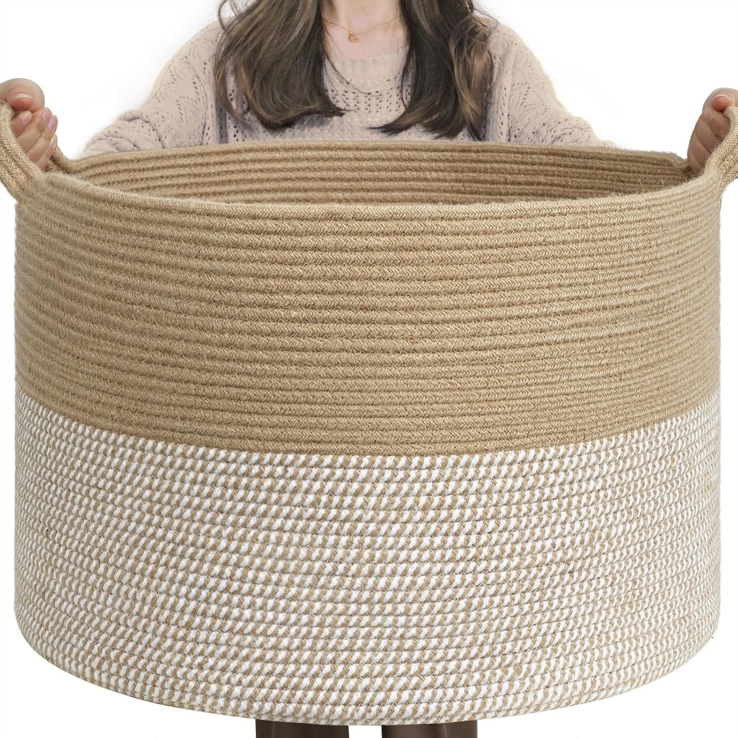 INDRESSME Xxxlarge Jute Rope Basket 21.7" X 21.7" X 13.8" Woven Baby Laundry Baskets for Blankets Toys Storage Basket with Handle Comforter Cushions Storage Bins Thread Laundry Hamper