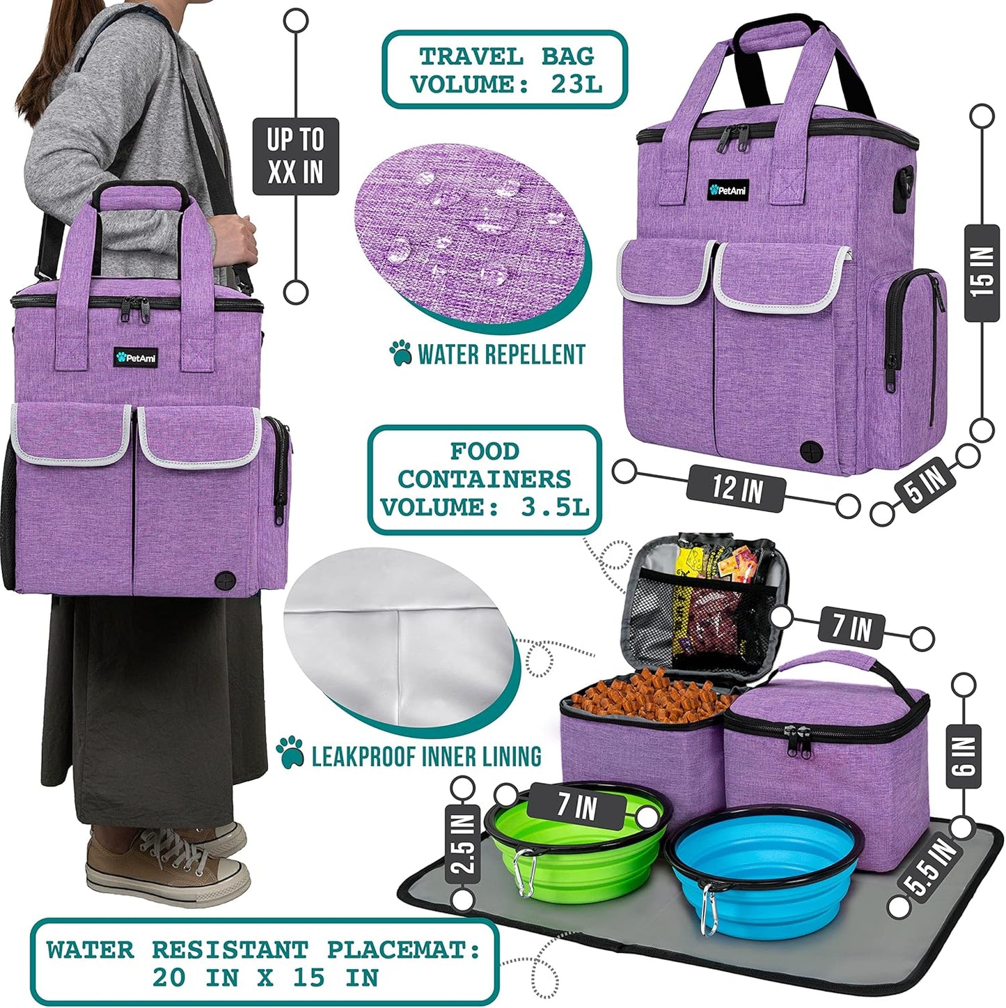 Petami Dog Travel Bag Pet Supplies Accessories Organizer for Traveling, Camping, Weekend; Cat Pet Travel Bag Kit Includes 2 Food Storage Containers, 2 Collapsible Bowls, 1 Feeding Mat (Purple)
