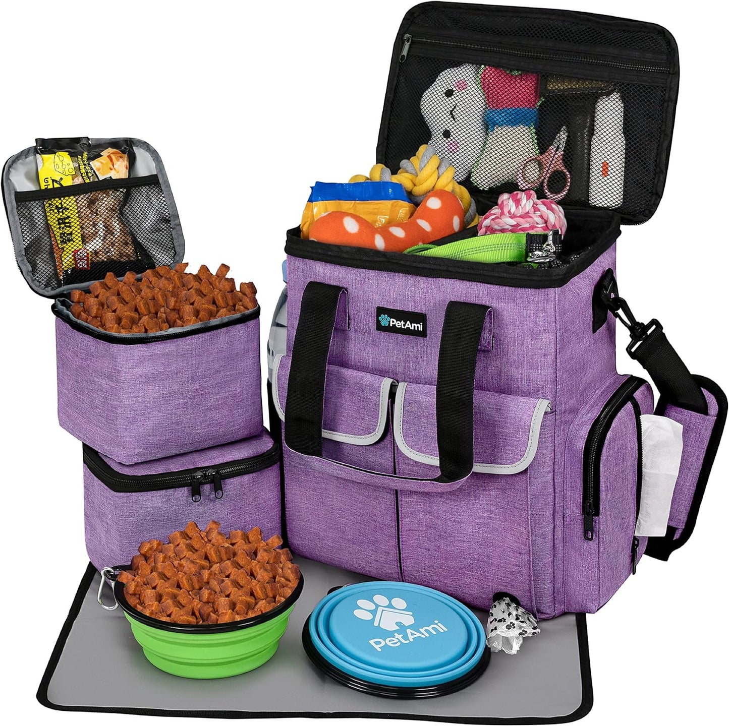 Petami Dog Travel Bag Pet Supplies Accessories Organizer for Traveling, Camping, Weekend; Cat Pet Travel Bag Kit Includes 2 Food Storage Containers, 2 Collapsible Bowls, 1 Feeding Mat (Purple)