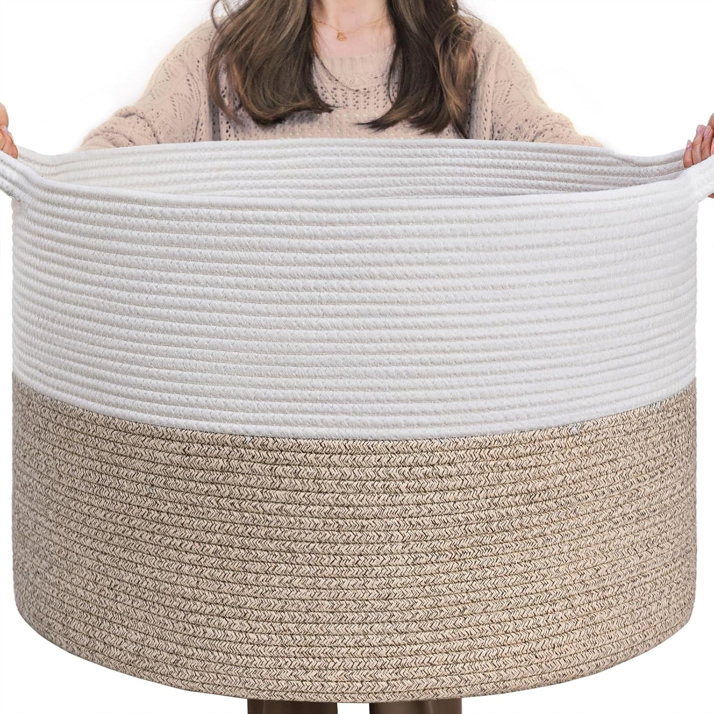 INDRESSME Xxxlarge Jute Rope Basket 21.7" X 21.7" X 13.8" Woven Baby Laundry Baskets for Blankets Toys Storage Basket with Handle Comforter Cushions Storage Bins Thread Laundry Hamper