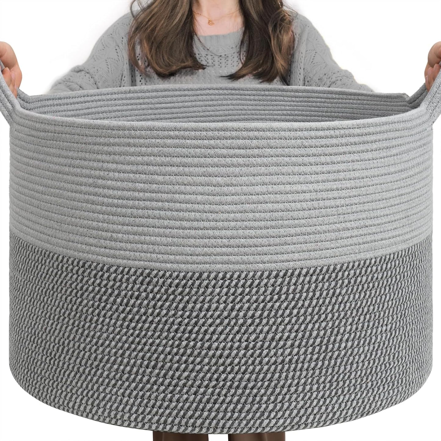 INDRESSME Xxxlarge Jute Rope Basket 21.7" X 21.7" X 13.8" Woven Baby Laundry Baskets for Blankets Toys Storage Basket with Handle Comforter Cushions Storage Bins Thread Laundry Hamper