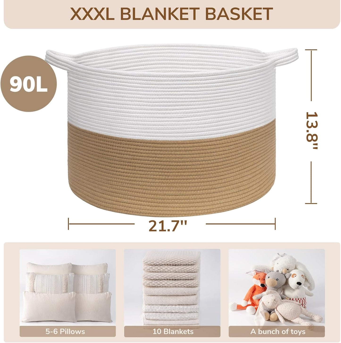 INDRESSME Xxxlarge Jute Rope Basket 21.7" X 21.7" X 13.8" Woven Baby Laundry Baskets for Blankets Toys Storage Basket with Handle Comforter Cushions Storage Bins Thread Laundry Hamper