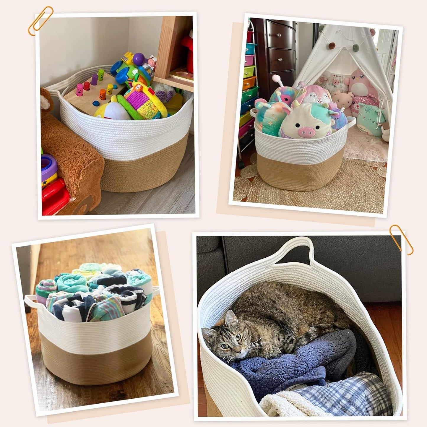 INDRESSME Xxxlarge Jute Rope Basket 21.7" X 21.7" X 13.8" Woven Baby Laundry Baskets for Blankets Toys Storage Basket with Handle Comforter Cushions Storage Bins Thread Laundry Hamper