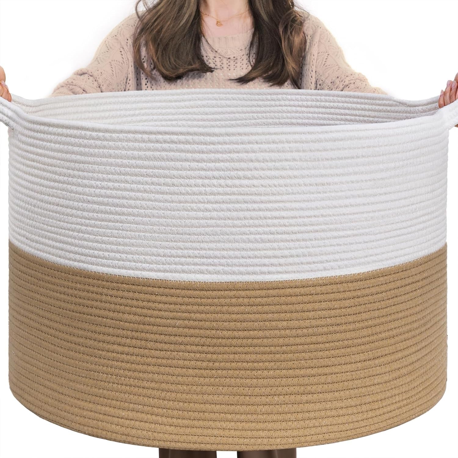 INDRESSME Xxxlarge Jute Rope Basket 21.7" X 21.7" X 13.8" Woven Baby Laundry Baskets for Blankets Toys Storage Basket with Handle Comforter Cushions Storage Bins Thread Laundry Hamper