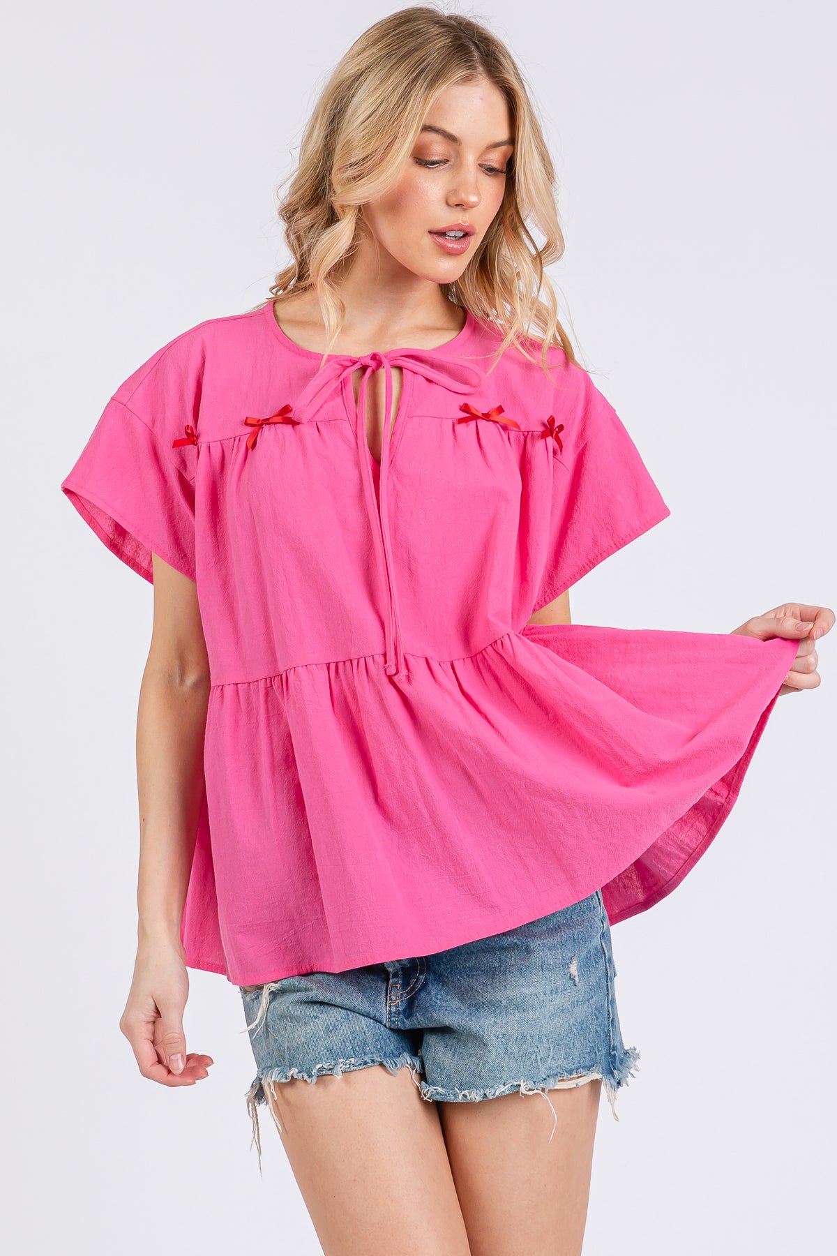 Ribbon Detail Flared Peplum Top
