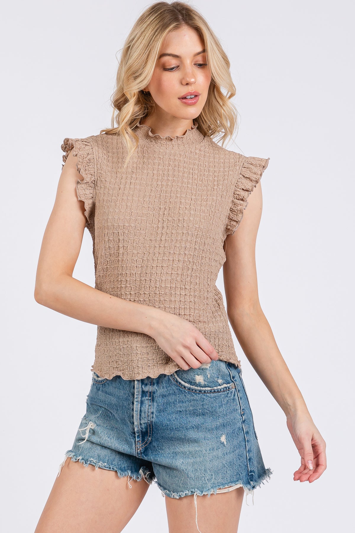 Smocked Ruffle Sleeve High Neck Top
