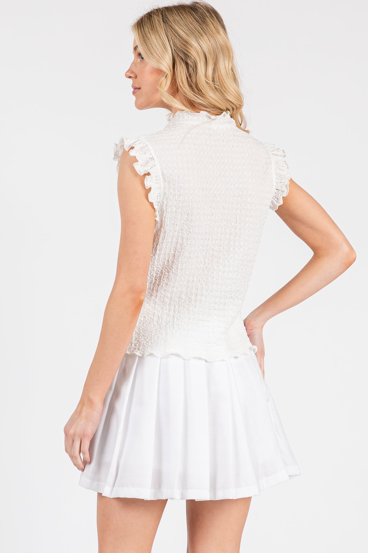Smocked Ruffle Sleeve High Neck Top