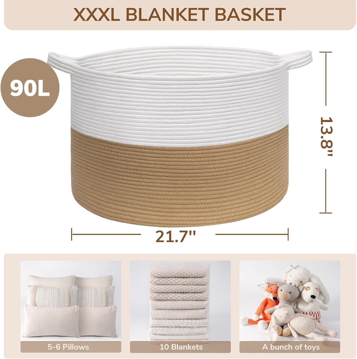 INDRESSME Xxxlarge Jute Rope Basket 21.7" X 21.7" X 13.8" Woven Baby Laundry Baskets for Blankets Toys Storage Basket with Handle Comforter Cushions Storage Bins Thread Laundry Hamper